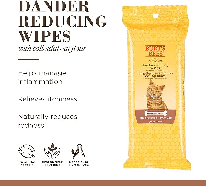 Burt's Bees for Pets Cat Naturally Derived Dander Reducing Wipes - Kitten and Cat Wipes for Grooming - Cruelty Free, Formulated without Sulfates and Parabens, Made in the USA, 50 Count - 6 Pack