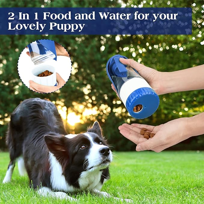 Upgraded Dog Water Bottle, Portable Dog Cat Puppy Pet Water Dispenser Feeder with Drinking Cup and Food Container Leak Proof for Outdoor Walking, Travel, Hiking 12OZ Blue