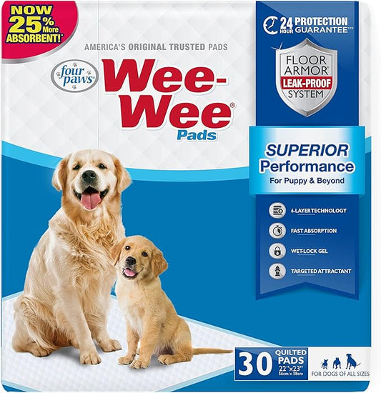 Four Paws Wee-Wee Superior Performance Pee Pads for Dogs of All Sizes, Leak-Proof Floor Protection Dog & Puppy Quilted Potty Training Pads, Unscented, 22" x 23" (30 Count)