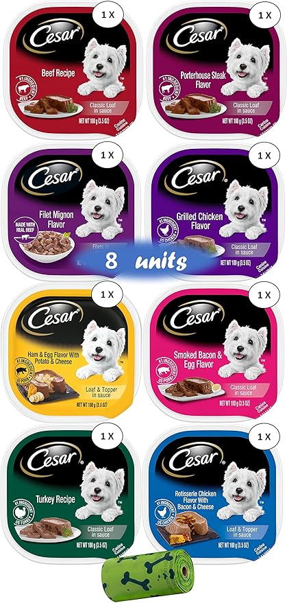 Cesar Soft Wet Dog Food Classic Bundle with 08 Flavors(1 Unit Each Flavor) . Total Units .Bundle a 1 roll Green Bone Waste Bag., 3.5 Ounce (Pack of 8)