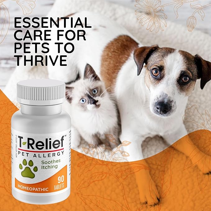 T-Relief Pet Allergy Support for Dogs & Cats Itchy Relief Supports Healthy Skin & Coat Natural Medicine Helps Soothe Hot Spot Itching Paws Licking Runny Nose Sneezing Watery Eyes - 90 Tablets