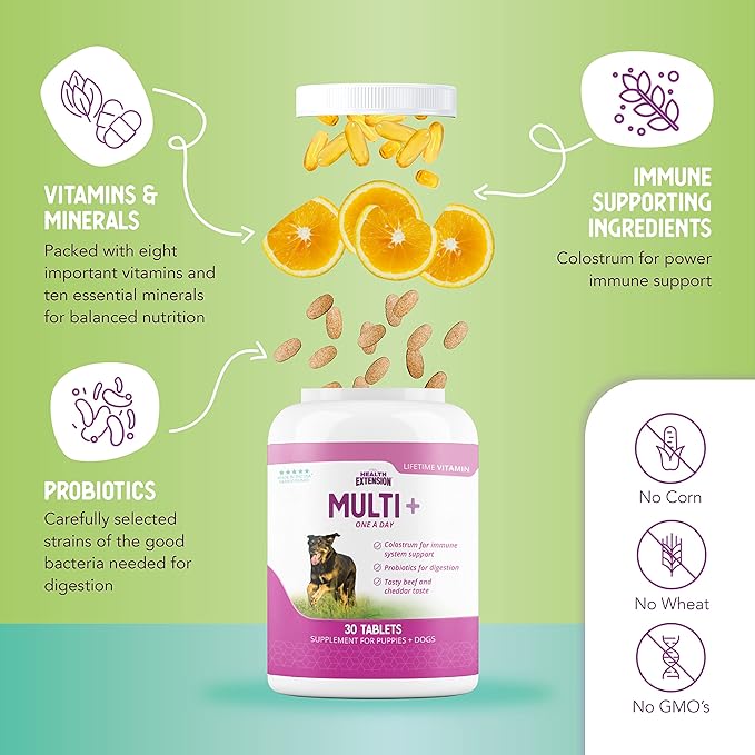 Health Extension Lifetime Multivitamin and Minerals for Dogs & Puppies, Supplements for Immune System, Digestion, Joint Support, Coat & Skin, Contains Vitamin A, D, E, K, B12, 30 Tablets