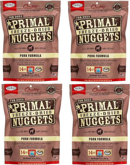 Primal Freeze Dried Dog Food Nuggets, Pork; Complete & Balanced Meal; Also Use as Topper or Treat; Premium, Healthy, Grain Free, High Protein Raw Dog Food, 14 oz (Pack of 4)