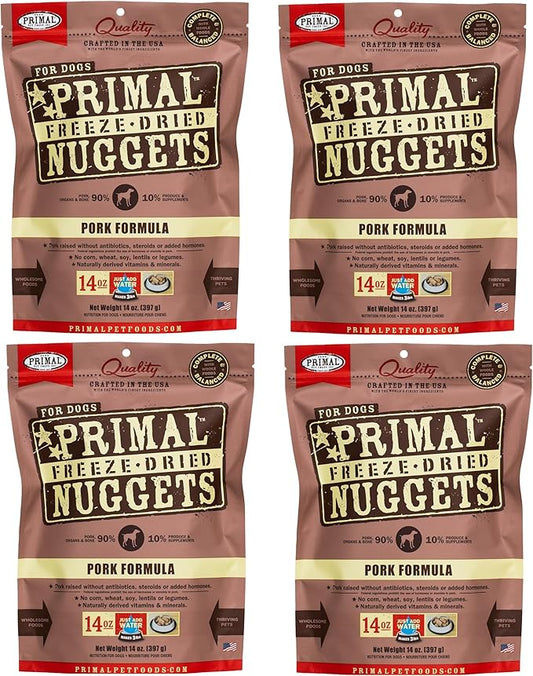 Primal Freeze Dried Dog Food Nuggets, Pork; Complete & Balanced Meal; Also Use as Topper or Treat; Premium, Healthy, Grain Free, High Protein Raw Dog Food, 14 oz (Pack of 4)