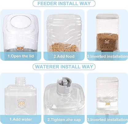 Automatic Dog Cat Gravity Food and Water Dispenser Set with Pet Food Bowl for Small Large Pets Puppy Kitten Rabbit Large Capacity(White & Gray, 3.8L)