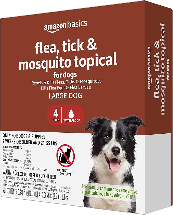 Amazon Basics Flea, Tick and Mosquito Topical for Large Dogs (21-55 pounds), 4 Count