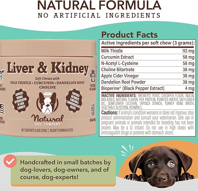 Natural Dog Company Stinky Liver & Kidney Supplement Chews - Dog Liver Support for Optimal Health - Turkey Flavored Treats - Promotes Digestion and Immune Health – Milk Thistle for Dogs (90 Chews)