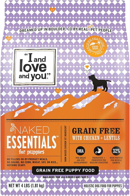I and love and you Naked Essentials Dry Dog Food for Puppies - Chicken + Lentils - High Protein, Real Meat, No Fillers, Prebiotics + Probiotics, 4lb Bag