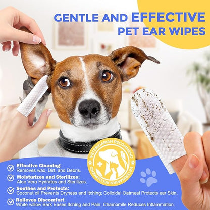 Ear Finger Wipes for Dogs & Cats - Cleaning Earwax & Debris - Relieves Ear Itching & Discomfort - Fresh Aloe Scent - Sooths & Repair, Natural Ingredients-100 Count