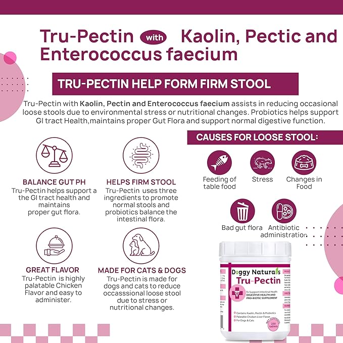 Tru-Pectin Anti-Diarrheal for Dogs & Cats, 250 Tablets– Chicken Liver Flavor –Helps Reduce Occasional Loose Stool & Diarrhea, Balance Gut pH, Support Normal Digestion & Gut Flora -Made in USA