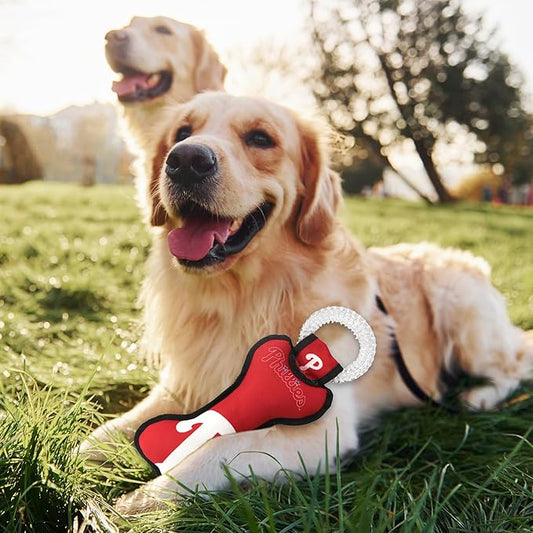 MLB Philadelphia Phillies Bone Shaped DENTAL DOG TUG TOY with SQUEAKER. TOUGH PET TOY for Healthy Fun, Teething, and Cleaning pet's teeth and gum.
