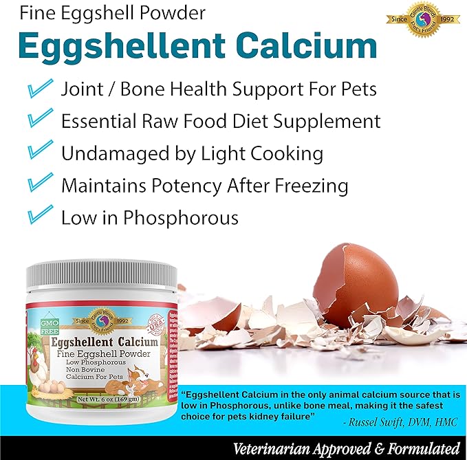 Pet's Friend Eggshellent Calcium 6 oz - Fine Eggshell Powder Calcium Supplement for Dogs and Cats, Low Phosphorous Non-Bovine Ingredients, Nourish Muscles, Joints, and Bones, Tasty Food Additive