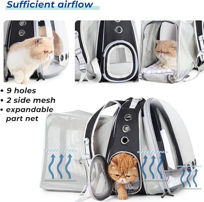 LOLLIMEOW Pet Carrier Backpack, Bubble Backpack Carrier, Cats and Puppies,Airline-Approved, Designed for Travel, Hiking, Walking & Outdoor Use (Square Expandable-Black)