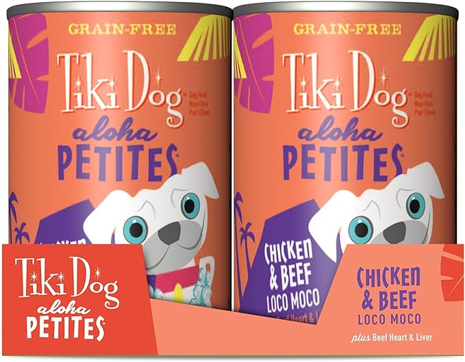 Tiki Dog Aloha Petites Gluten & Grain Free Wet Food for Adult Dogs with Shredded Meat & Superfoods, 9oz, 12 pk, Chicken & Beef Loco Moco