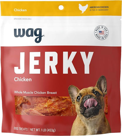 Amazon Brand – Wag Chewy Whole Muscle American Jerky Made in USA Dog Treats – Chicken (1 lb), Grain Free