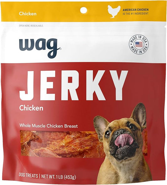 Amazon Brand – Wag Chewy Whole Muscle American Jerky Made in USA Dog Treats – Chicken (1 lb), Grain Free
