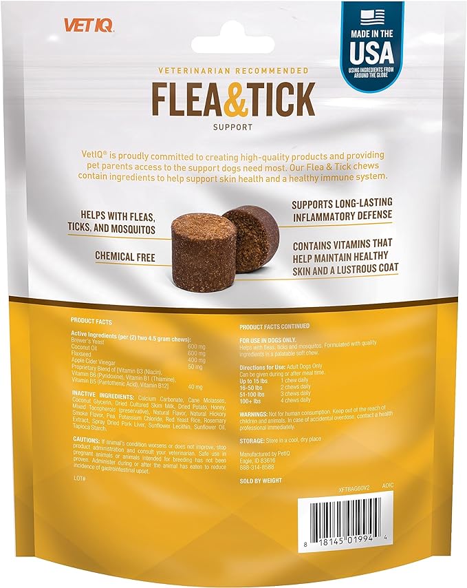 VetIQ Flea & Tick Support for Dogs, Flea and Tick Chewable for Dogs, Supports Dog's Natural Flea Defenses, Free of Added Chemicals and Garlic, Hickory Smoke Flavor, 60 Count