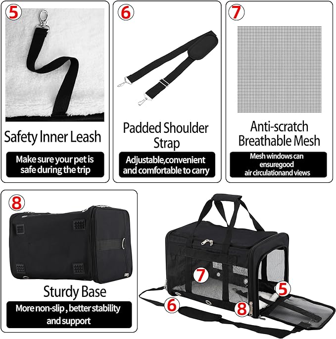 Soft Sided Cat/Dog Carrier,Collapsible Pets Travel Carriers for Pet/Puppy with Shoulder Strap & Removable Mat,Mesh Top Load Small Dogs/Cats Carry Bag Up to 25 Lbs（Black,L）