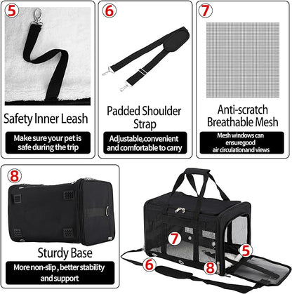 Soft Sided Cat/Dog Carrier,Collapsible Pets Travel Carriers for Pet/Puppy with Shoulder Strap & Removable Mat,Mesh Top Load Small Dogs/Cats Carry Bag Up to 25 Lbs（Black,L）