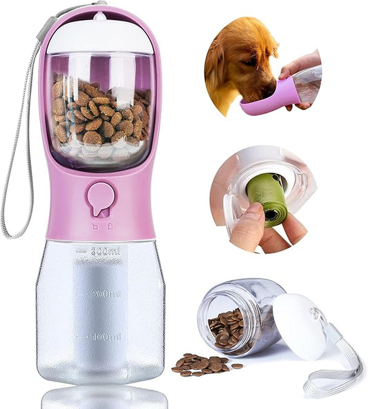 Dog Water Bottle with Food Container, Portable Pet Dog Water Dispenser for Outdoor Walking,Hiking,Travel,Puppy essentials,Puppy supplies,Replaceable Waste Bags