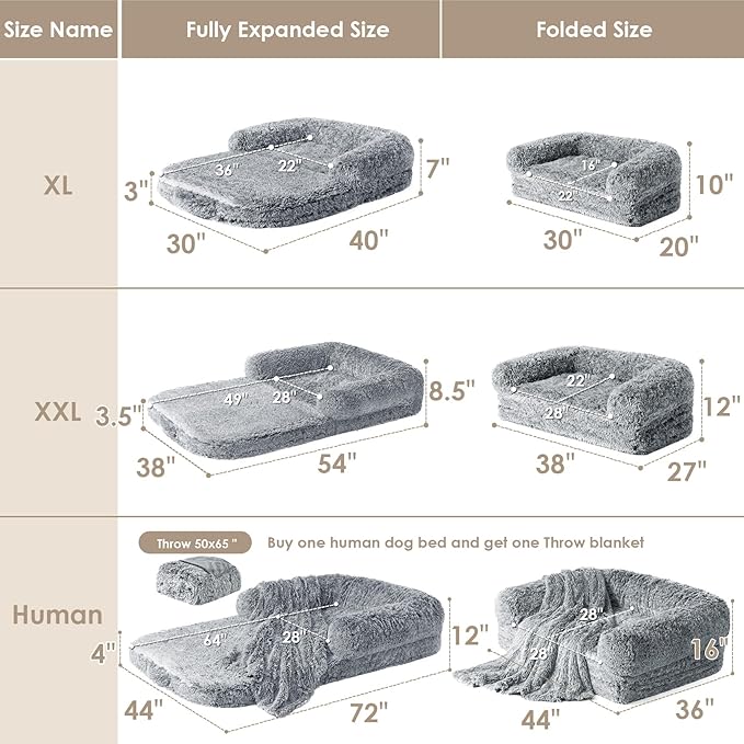 EHEYCIGA Foldable XL Dog Bed, Faux Fur Fluffy Dog Bed for Extra Large Dogs, Orthopedic Calming Memory Foam XL Dog Couch Bed, Washable Soft Warm Dog Sofa Bed with Non-Slip Bottom, Grey, 40"x30"x7"