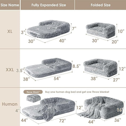 EHEYCIGA Foldable XL Dog Bed, Faux Fur Fluffy Dog Bed for Extra Large Dogs, Orthopedic Calming Memory Foam XL Dog Couch Bed, Washable Soft Warm Dog Sofa Bed with Non-Slip Bottom, Grey, 40"x30"x7"