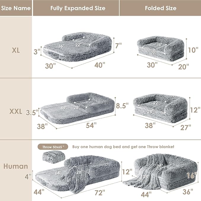 EHEYCIGA Foldable XXL Dog Bed, Faux Fur Fluffy Dog Bed for Extra Large Dogs, Orthopedic Calming Memory Foam Big Dog Couch Bed, Washable Soft Dog Sofa Bed with Non-Slip Bottom, Grey, 54"x38"x8.5"