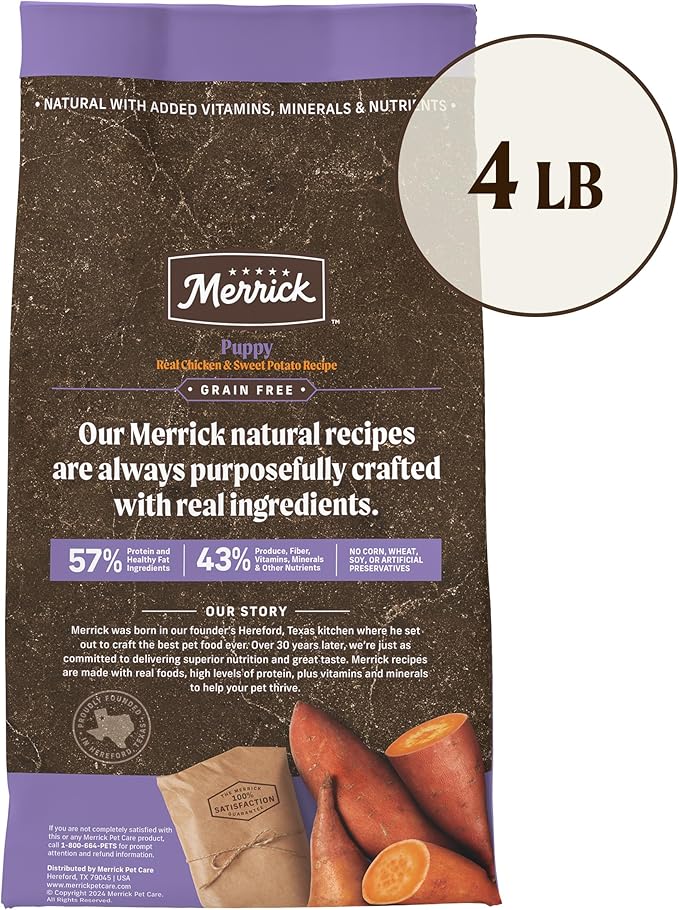 Merrick Premium Grain Free Dry Puppy Food, Wholesome And Natural Kibble With Real Chicken and Sweet Potato - 4.0 lb. Bag