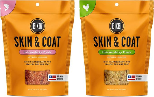BIXBI Skin & Coat Jerky Dog Treats in 2 Flavors: (1) Salmon and (1) Chicken (2 Bags Total, 5 Ounces Each)
