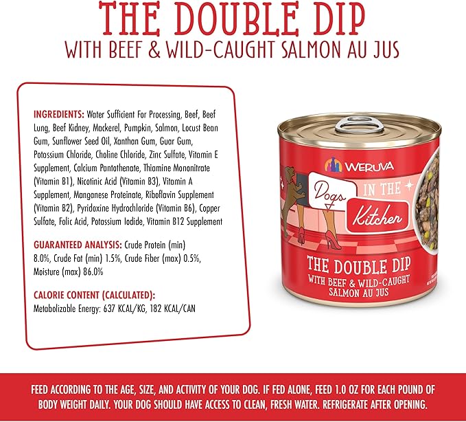 Weruva Dogs in The Kitchen, The Double Dip with Beef & Wild-Caught Salmon Wet Dog Food, 10oz Can (Pack of 12)