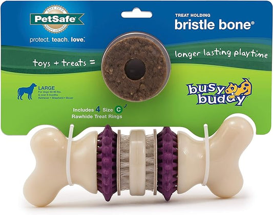 PetSafe Busy Buddy Bristle Bone - Treat-Holding Toy for Dogs - Treat Rings Included - Treats Thoroughly Mixed During Bake to Prevent Choking - Rigorously Tested Ingredients - Purple, Medium