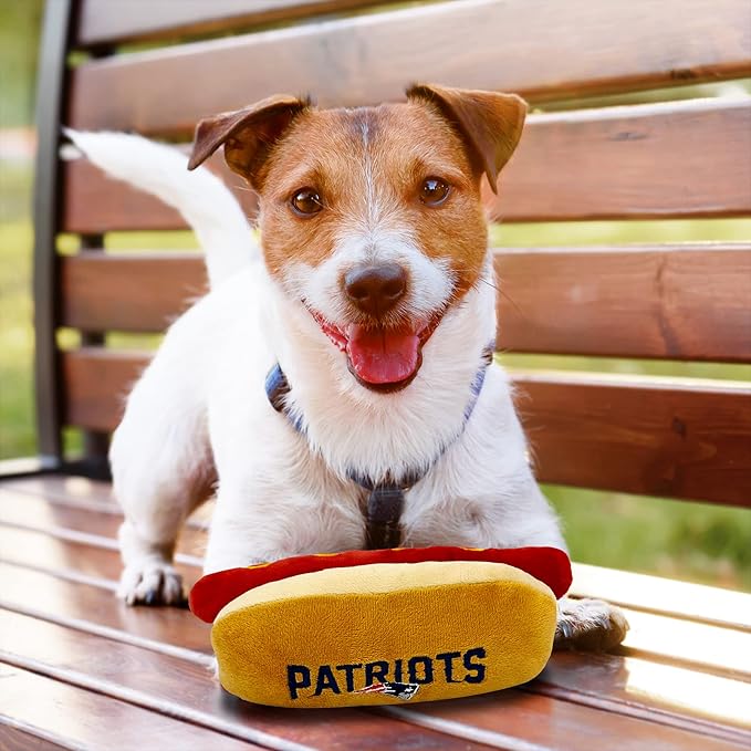 Pets First NFL New England Patriots HOT Dog Plush Dog & CAT Squeak Toy - Cutest HOT-Dog Snack Plush Toy for Dogs & Cats with Inner Squeaker & Beautiful Football Team Name/Logo 8 x 5 x 3 Inches