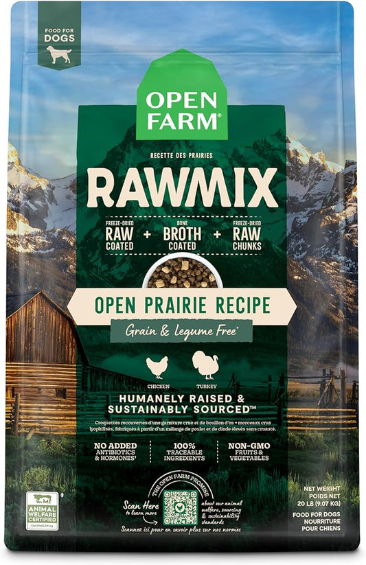 Open Farm RawMix Grain-Free Prairie Recipe for Dogs, includes Kibble, Bone Broth, and Freeze Dried Raw, Inspired by The Wild, Humanely Raised Protein and Non-GMO Fruits and Veggies, 20 lb