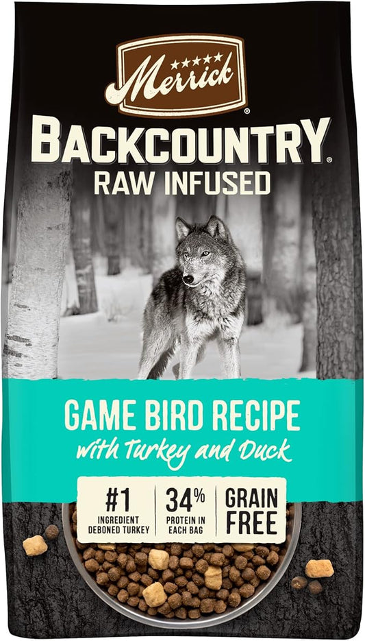 Merrick Backcountry Grain Free Dry Adult Dog Food, Kibble With Freeze Dried Raw Pieces, Game Bird Recipe - 4.0 lb. Bag