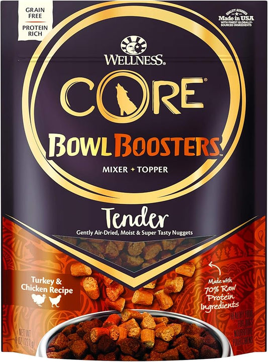 Wellness CORE Natural Grain Free Bowl Boosters Tender Dog Food Mixer Or Topper (Turkey & Chicken Recipe, 8-Ounce Bag)
