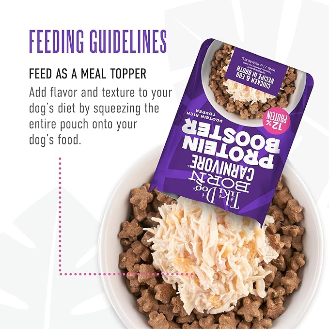Tiki Dog Born Carnivore Protein Booster Dog Food Topper, Chicken and Egg Recipe in Broth, 2.1 oz. Pouch (12 Count)