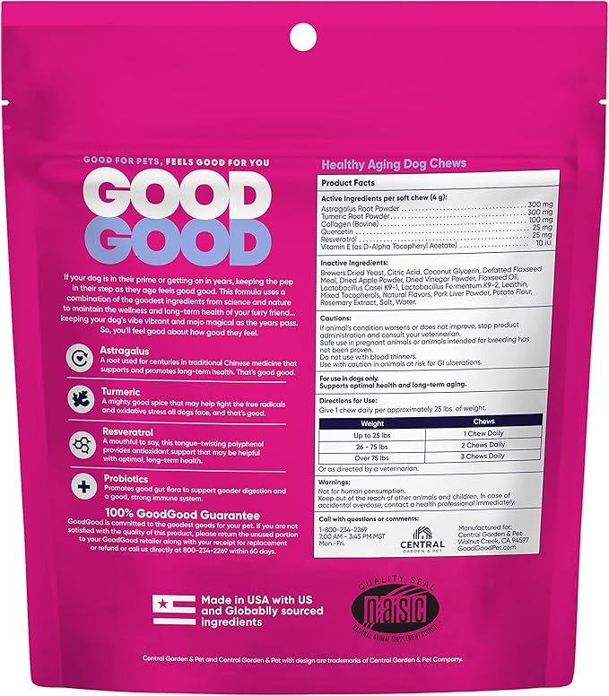 GoodGood Healthy Aging Dog Supplements; Supports Optimal Long-Term Health; Adult or Older Dog; Soft Chews with Astragalus, Turmeric, and Resveratrol; Probiotics; 90 Natural Flavor Chews