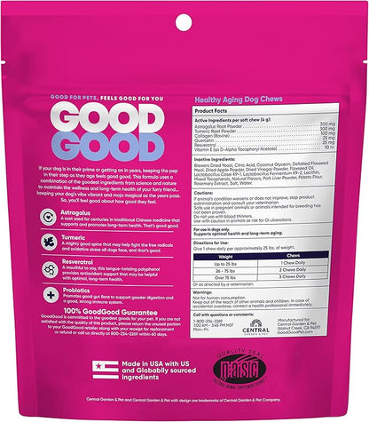 GoodGood Healthy Aging Dog Supplements; Supports Optimal Long-Term Health; Adult or Older Dog; Soft Chews with Astragalus, Turmeric, and Resveratrol; Probiotics; 90 Natural Flavor Chews