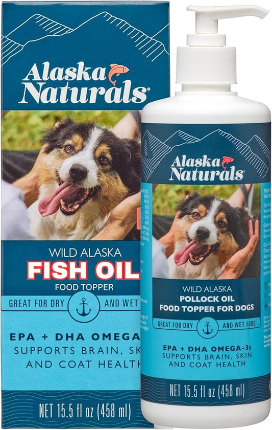 Sustainable Wild Alaskan Fish Oil for Dogs Skin and Coat – EPA + DHA Omega 3 Oil - Fatty Acids Dog Supplements - Support Fur Coat and Brain Health - Natural Liquid Food Topper for Pets – 15.5 oz. Pump