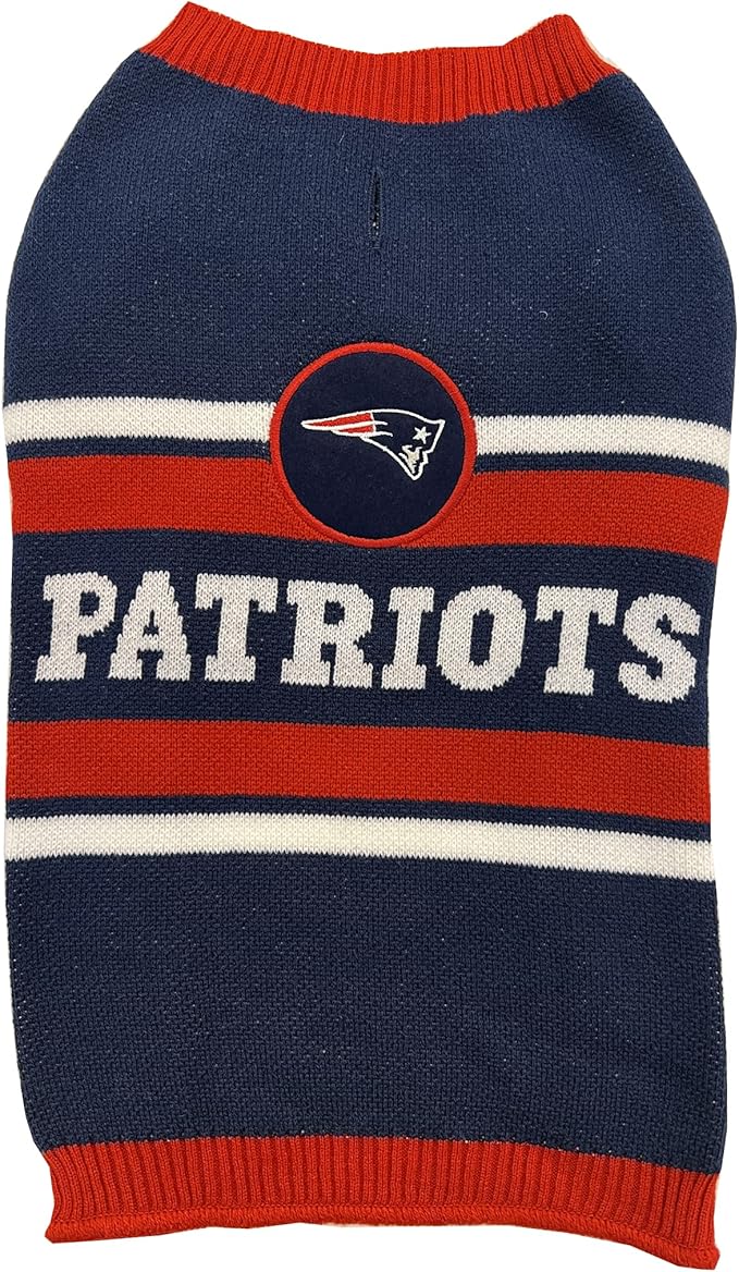 NFL New England Patriots Dog Sweater, Size Medium. Warm and Cozy Knit Pet Sweater with NFL Team Logo, Best Puppy Sweater for Large and Small Dogs