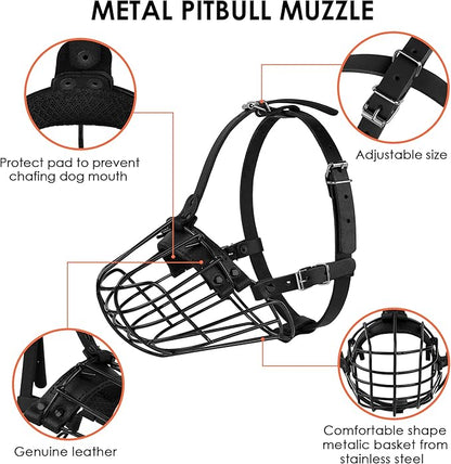 Pitbull Dog Muzzle Metal Mask Amstaff Secure Wire Basket Adjustable Durable Leather Straps for Large Dogs (Black)