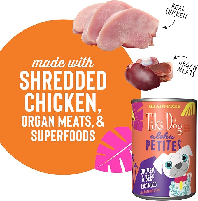 Tiki Dog Aloha Petites Gluten & Grain Free Wet Food for Adult Dogs with Shredded Meat & Superfoods, 9oz, 12 pk, Chicken Huli Huli