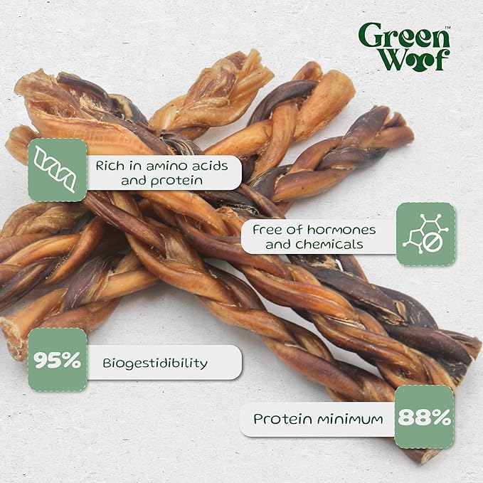 Braided Bully Sticks (12 Inch), Easily Digestible 100% Pure Beef Treats, Pasture-Raised, Organic, Grain-Free, Durable and Long-Lasting Chews for Medium & Large Dogs (Large, 10, Count)