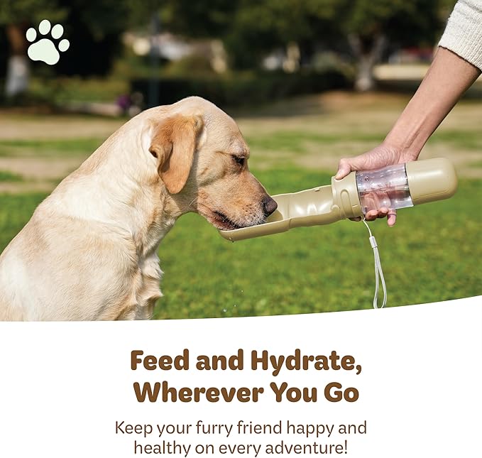Portable Pet Food and Water Dispenser, 2 in 1 Cat & Small Dog Water Bottle & Food Container, Lightweight, BPA Free Pet Water Bottle Traveling Essentials for Walking & Hiking (Khaki, 13oz)