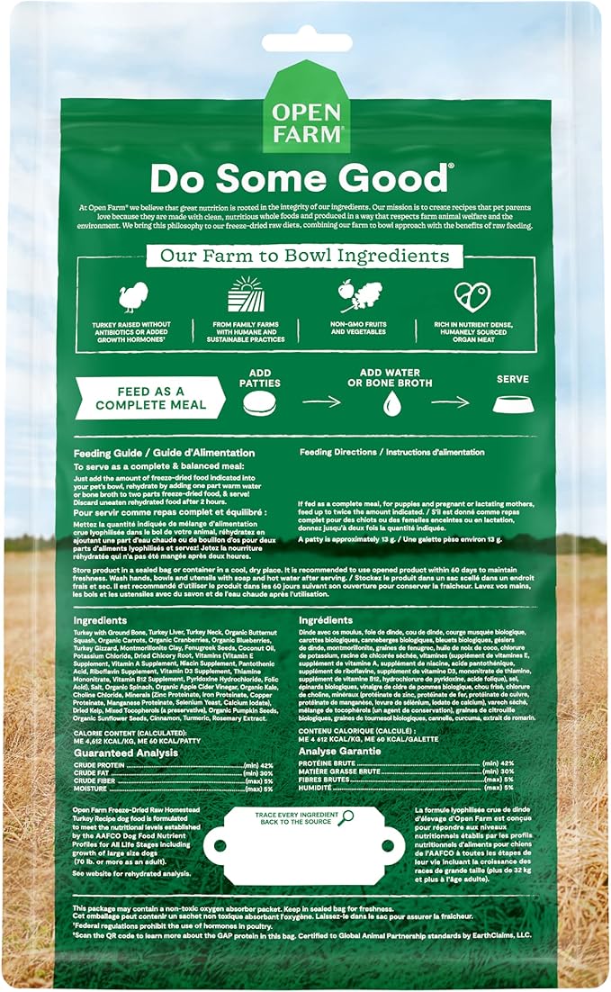 Open Farm Freeze Dried Raw Patties for Dogs, Humanely Raised Meat Recipe with Non-GMO Superfoods and No Artificial Flavors or Preservatives, Homestead Turkey Recipe, 10.5oz