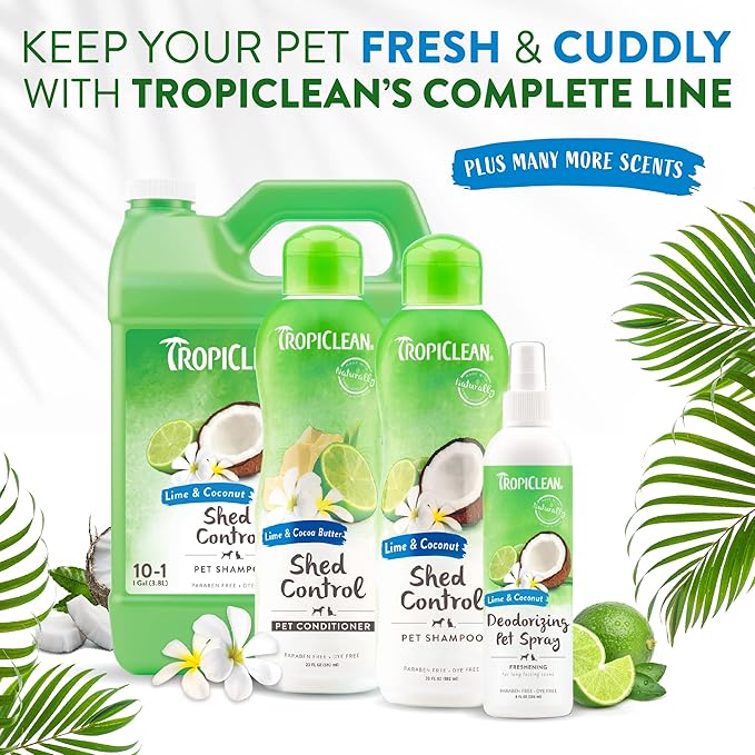 TropiClean Lime & Coconut Deshedding Dog Shampoo for Shedding Control | Natural Pet Shampoo Derived from Natural Ingredients | Cat Friendly | Made in the USA | 20 oz.