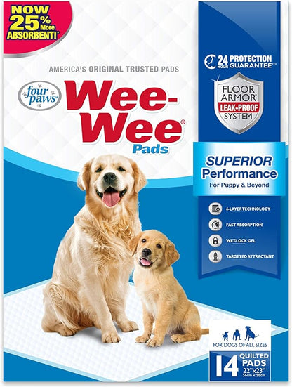 Four Paws Wee-Wee Superior Performance Pee Pads for Dogs of All Sizes, Leak-Proof Floor Protection Dog & Puppy Quilted Potty Training Pads, Unscented, 22" x 23" (14 Count)