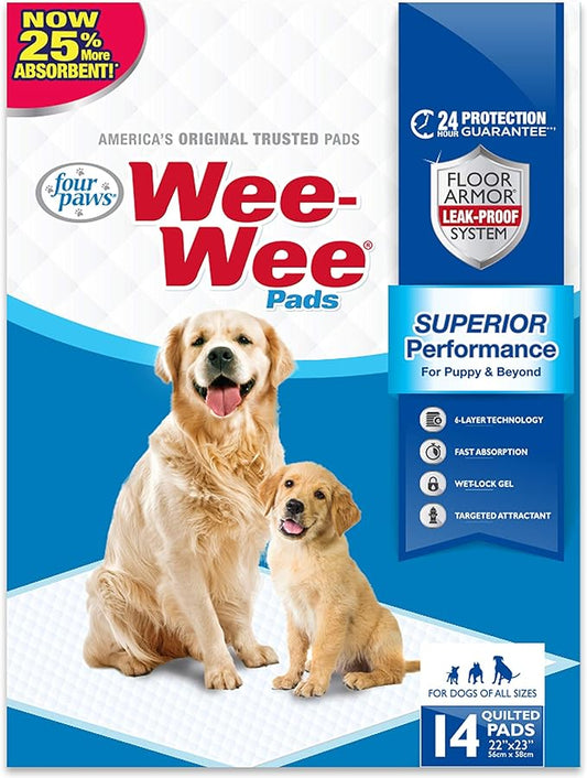Four Paws Wee-Wee Superior Performance Pee Pads for Dogs of All Sizes, Leak-Proof Floor Protection Dog & Puppy Quilted Potty Training Pads, Unscented, 22" x 23" (14 Count)
