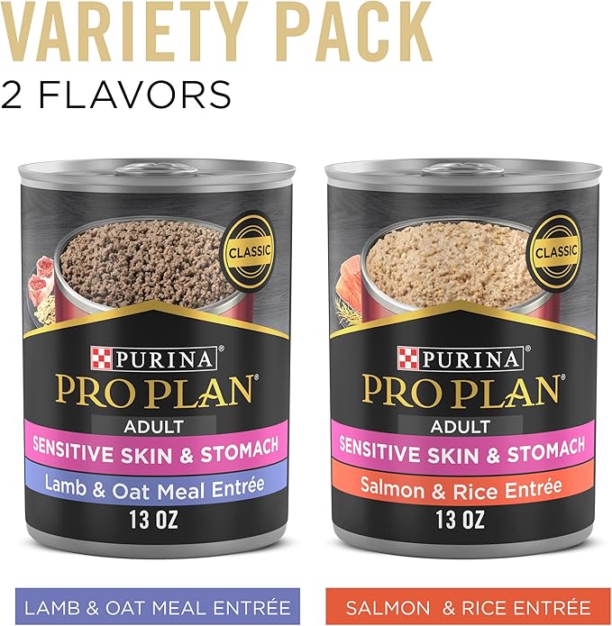 Purina Pro Plan Sensitive Skin and Stomach Dog Food Pate Salmon and Rice and Lamb and Oat Meal Wet Dog Food Variety Pack - (Pack of 12) 13 oz. Cans