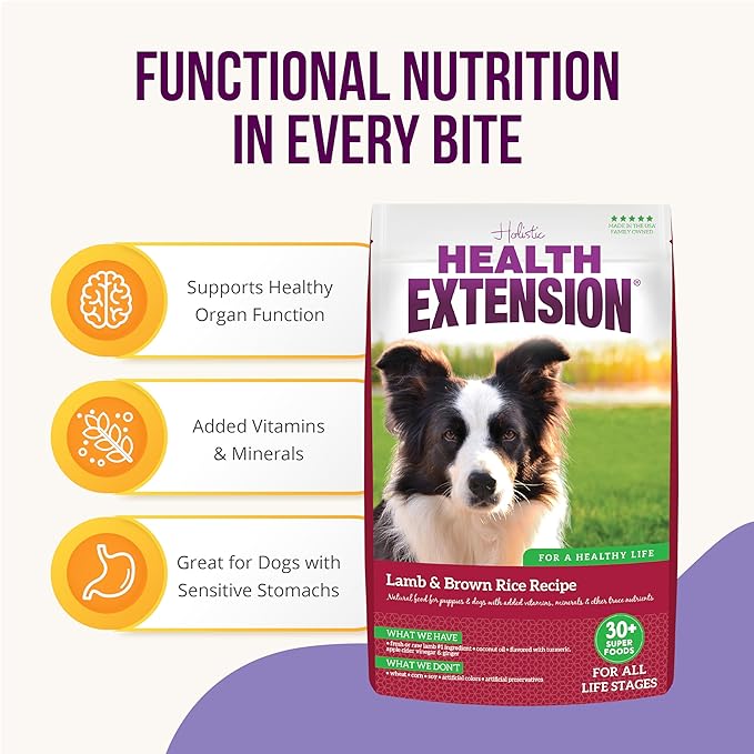 Health Extension Dry Dog Food, Natural Food for All Puppies & Dogs with added Vitamins & Mineral, Lamb & Brown Rice Recipe (30 lb / 13.6 Kg)